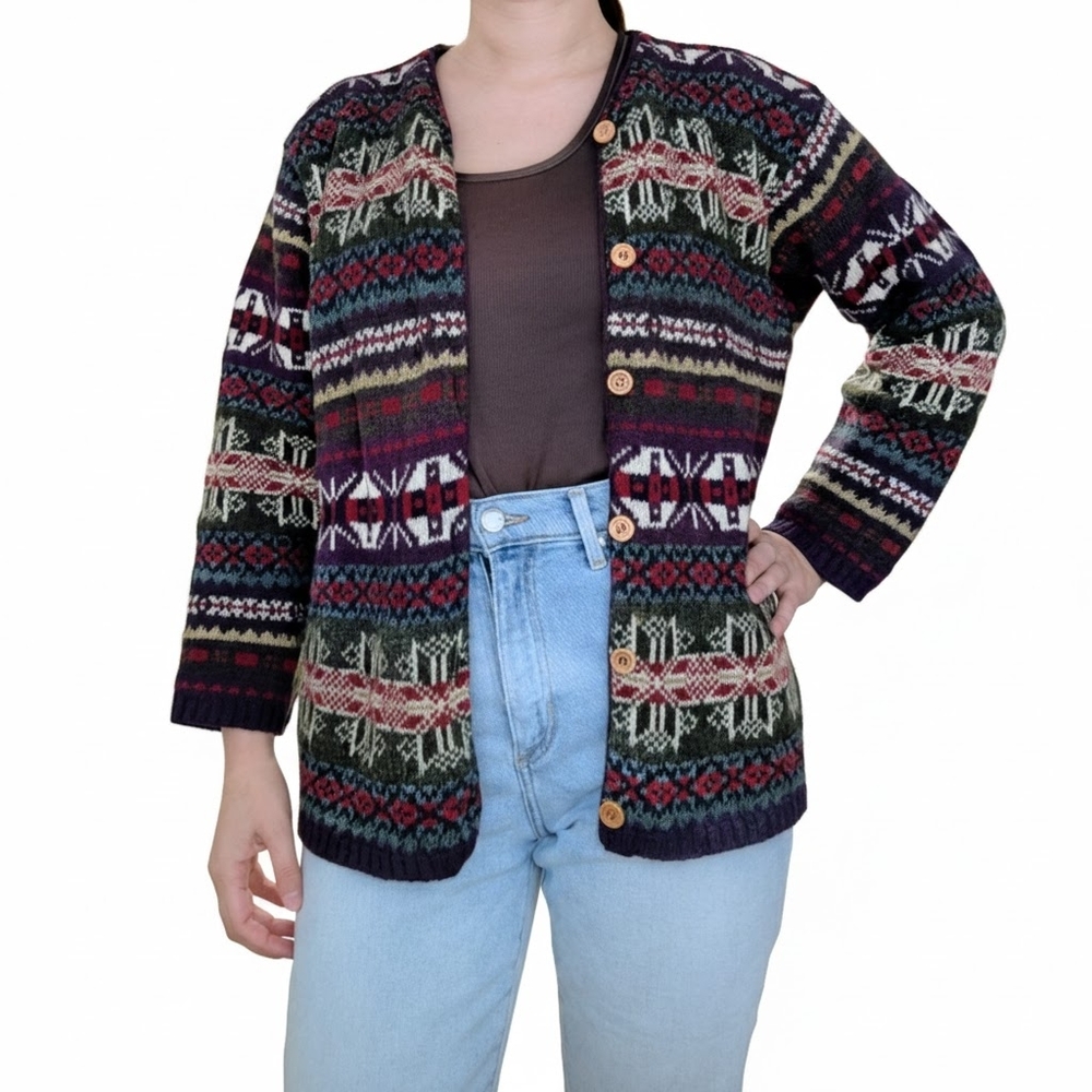 Nordic Fair Isle Cardigan Handmade Wool Women's Small - Medium Cabincore Grandma